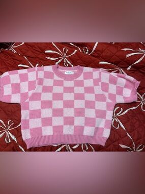 Pink and White Cropped Checker Sweater